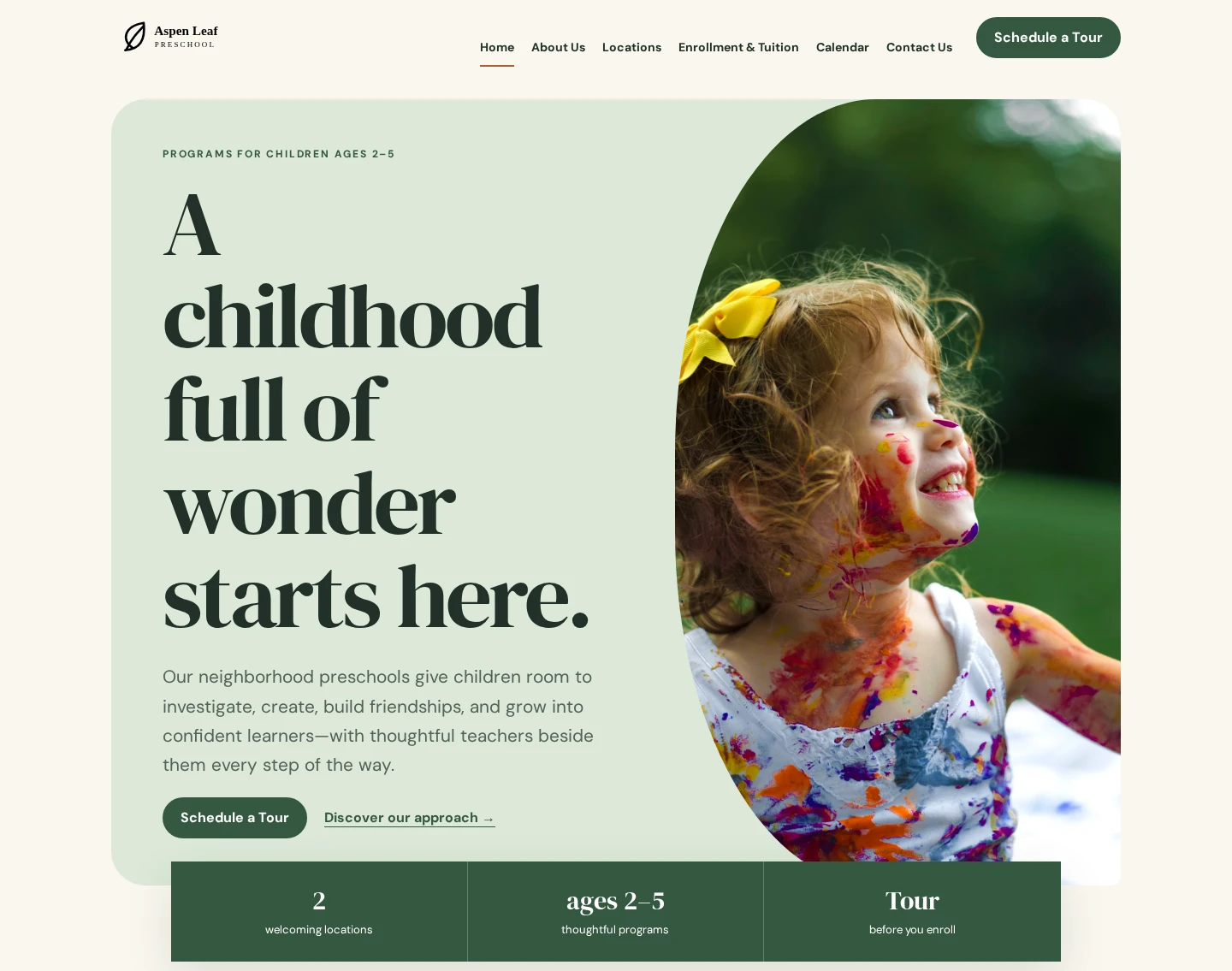 Garden House school website design with a warm cream background, green accents, and school photography